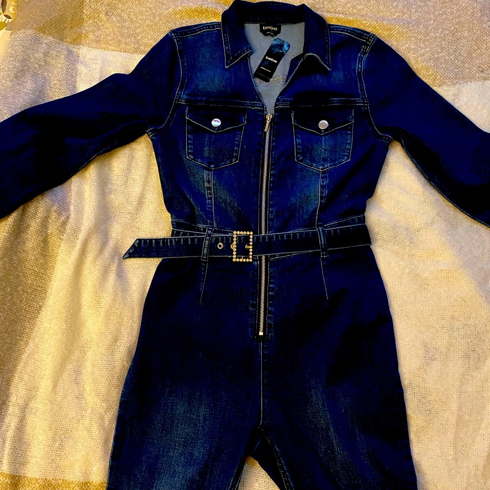 Bebe Rhinestone Belt Buckle Zip Front Denim Jumpsuit